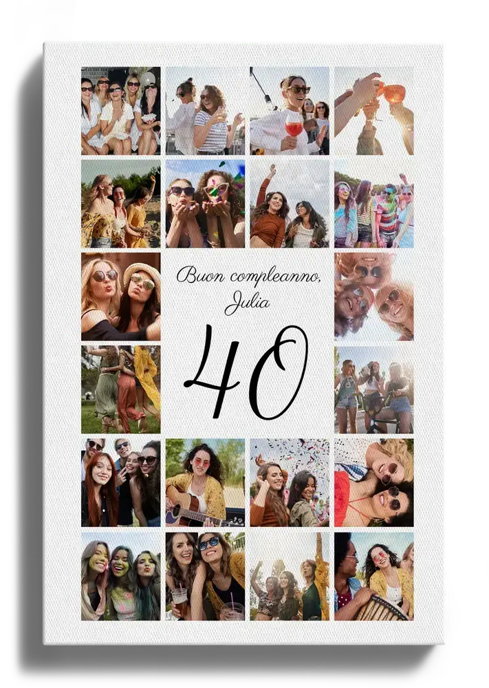 Collage di foto su tela verticale con amiche intorno al numero 40 e auguri di compleanno personalizzati su fondo bianco