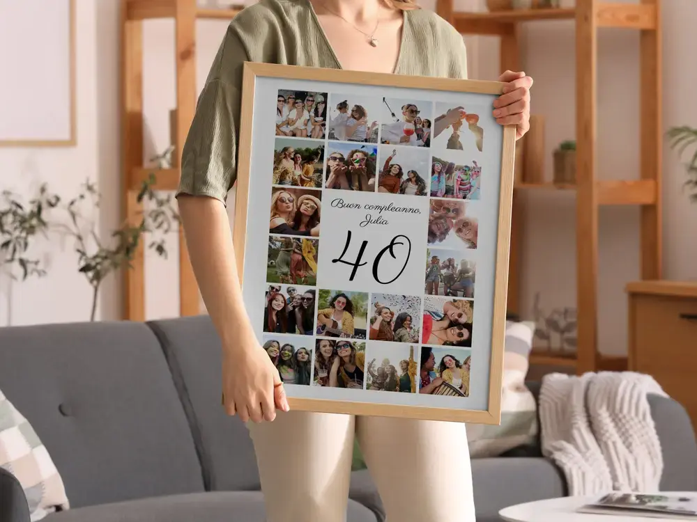 Collage di foto verticale con numero 40 e cornice in legno in salotto, idea regalo per i 40 anni di un’amica