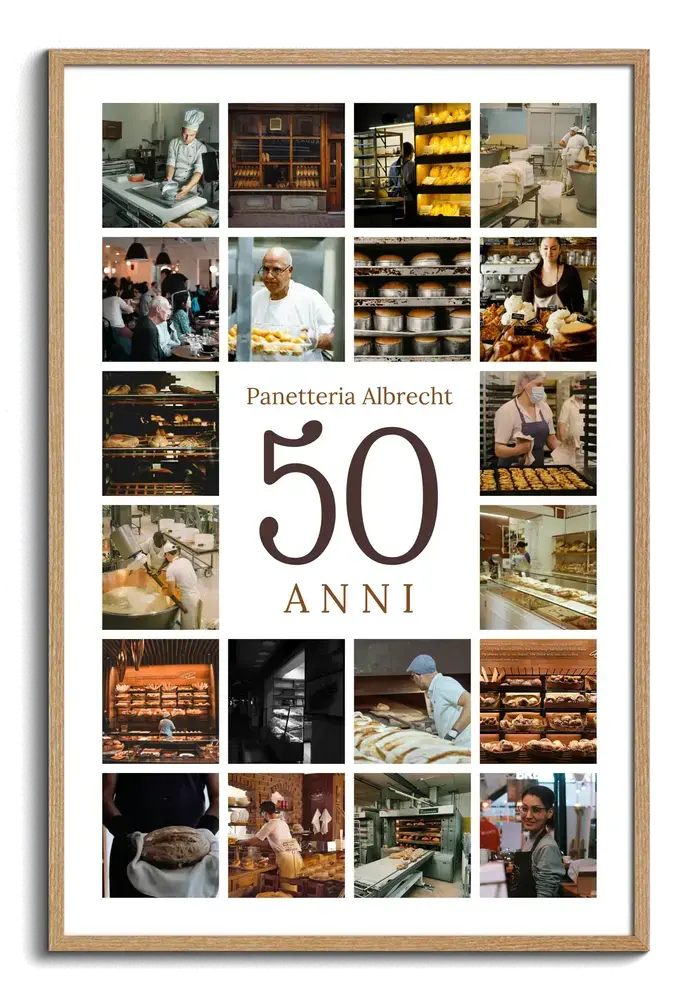 Collage di foto di panificio con un grande 50 al centro e nome aziendale, in cornice di legno per l’anniversario aziendale