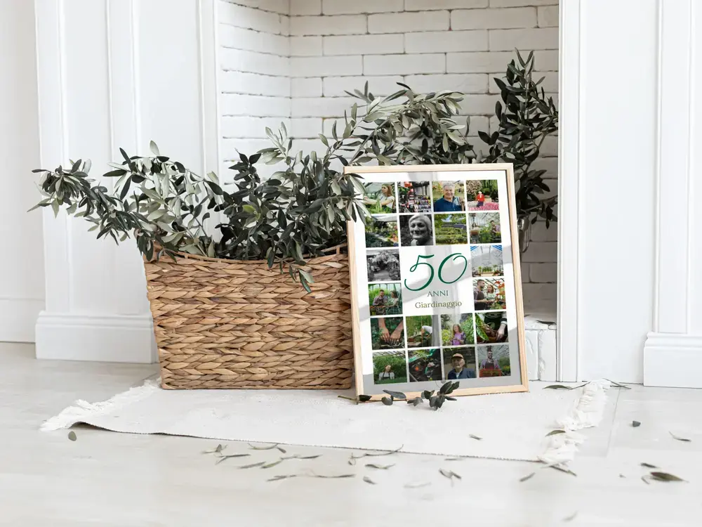 Collage di foto di giardinaggio con un 50 verde, in cornice a terra, per il cinquantesimo anniversario aziendale