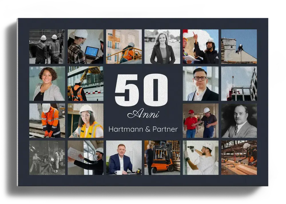 Collage di foto su tela per i 50 anni dell’azienda, con numero centrale, nome personalizzato e foto del personale