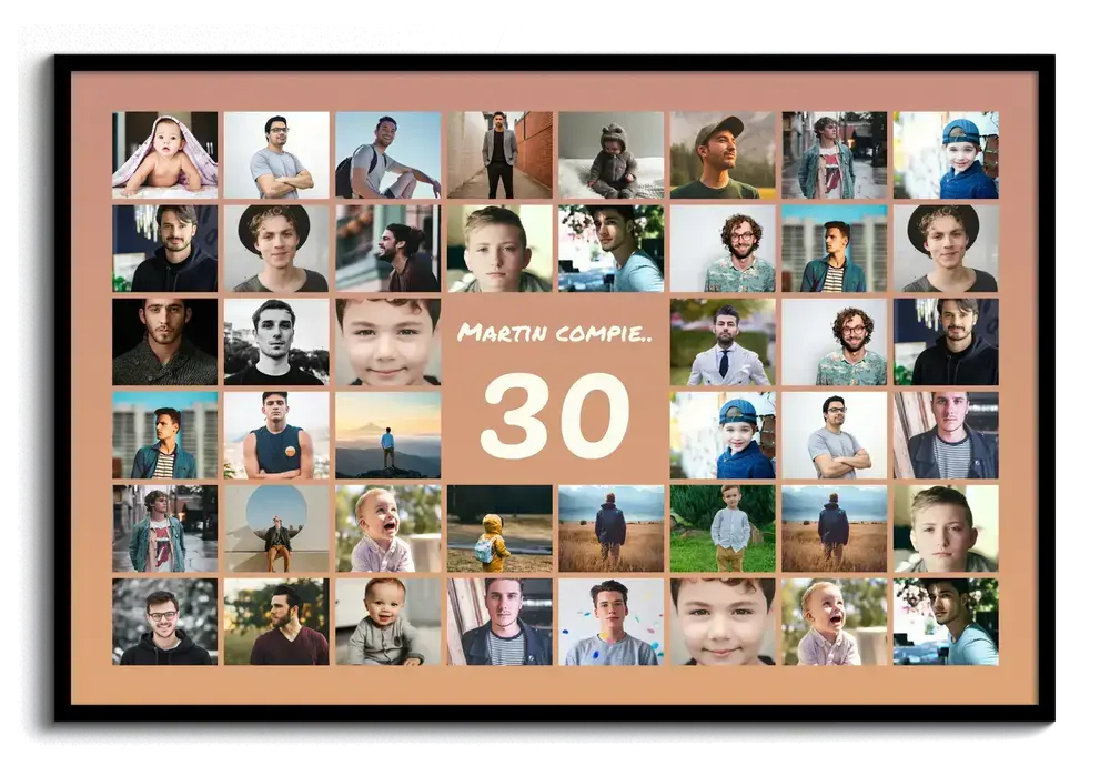 Collage fotografico in cornice nera, con numero 30 e nome al centro, foto a griglia su fondo color pesca