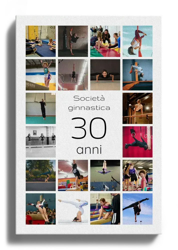 Collage su tela con un grande 30 circondato da foto di ginnastica, idea regalo per i 30 anni di una società sportiva