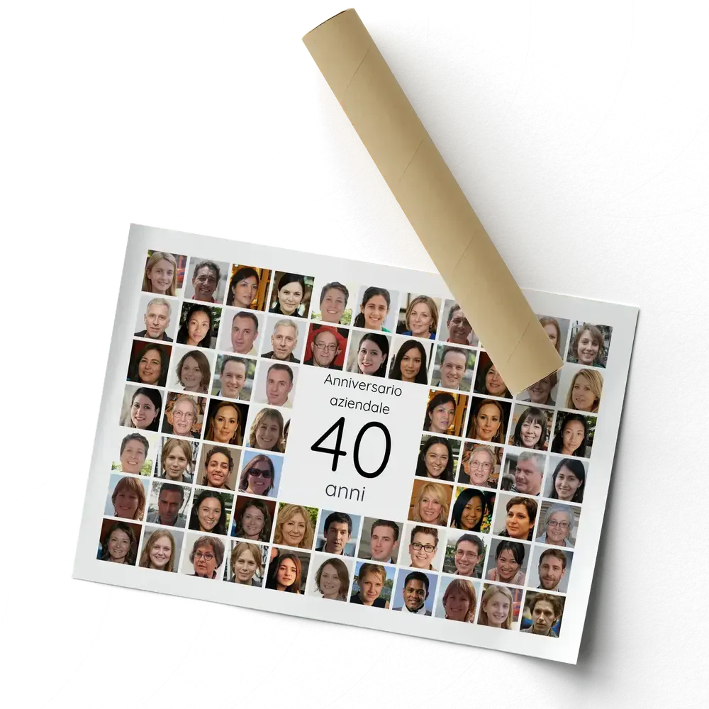 Poster collage con ritratti intorno al numero 40 per l’anniversario aziendale, accanto a un tubo da spedizione