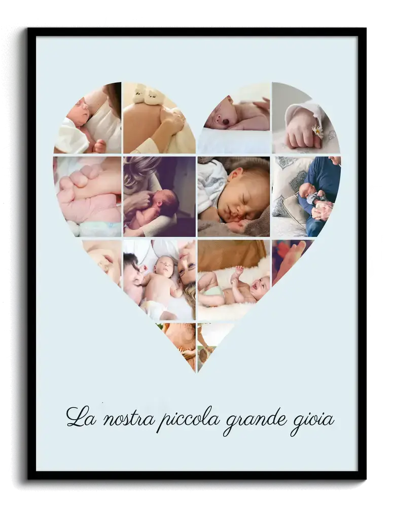 Collage di foto di bebè a forma di cuore in cornice nera, un regalo per la nascita