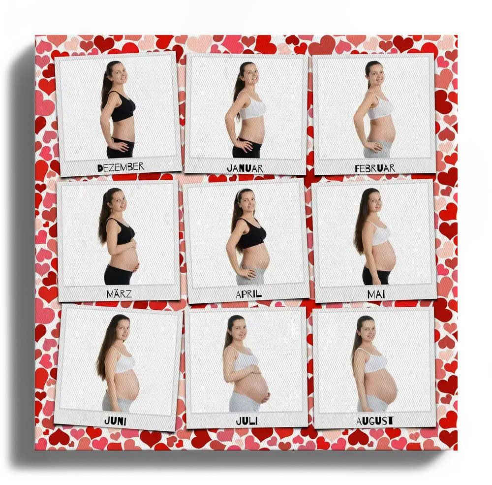 Collage di foto del pancione su tela con nove scatti stile Polaroid, didascalie e sfondo a cuori rossi e rosa