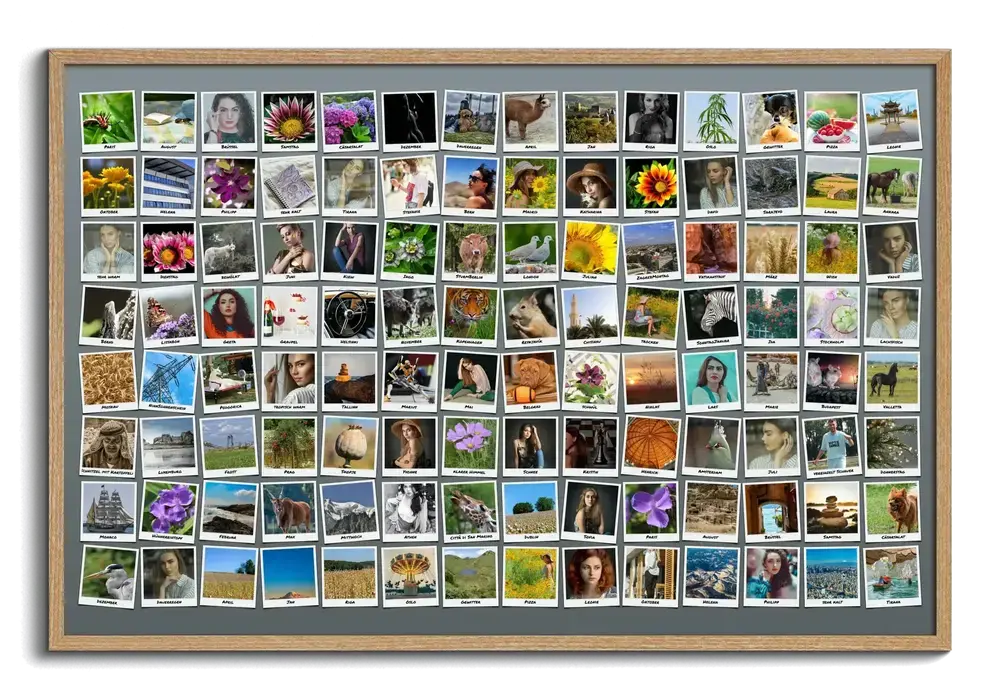Collage con oltre 100 foto in stile Polaroid disposte a griglia, in cornice di legno, regalo per chi ama viaggiare