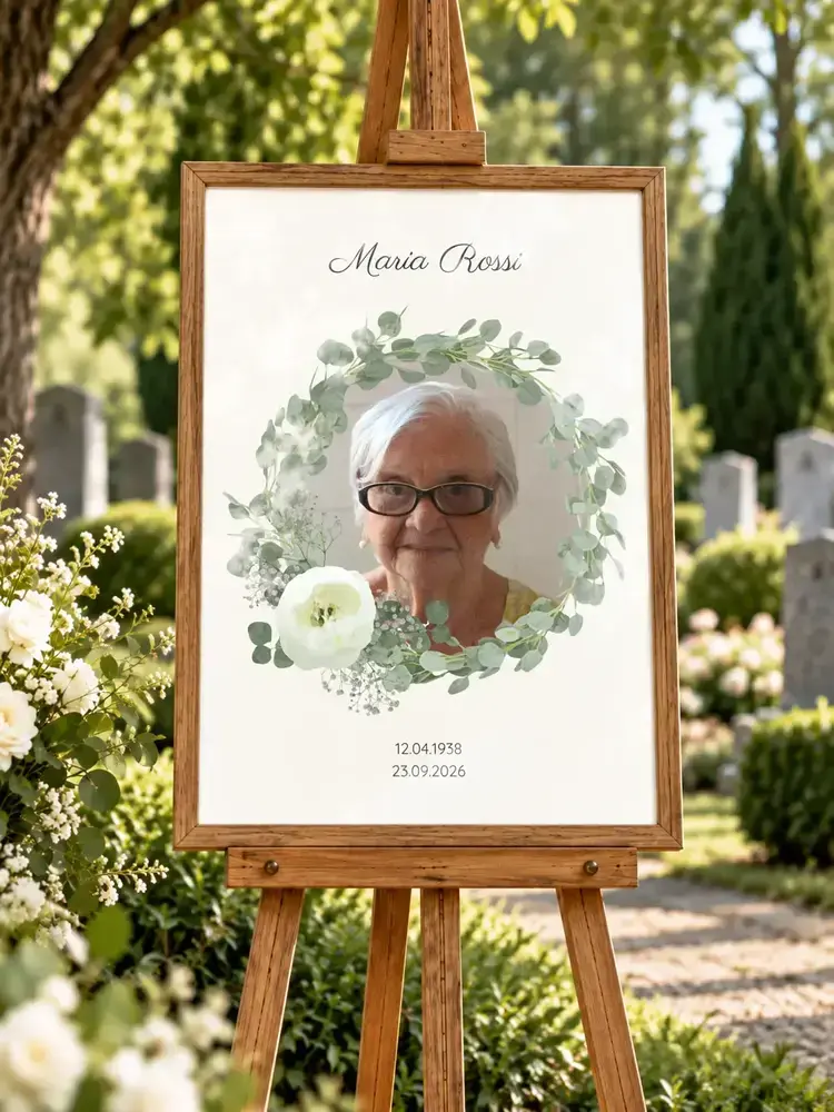 Ritratto commemorativo con corona di foglie, in cornice di legno su cavalletto al cimitero