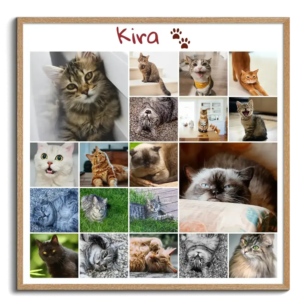 Collage commemorativo per un gatto con foto in griglia variata, nome e impronte, in cornice di legno naturale