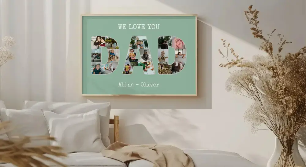 Collage di foto con lettere e nomi in una cornice chiara sopra il letto, un’idea regalo per il papà