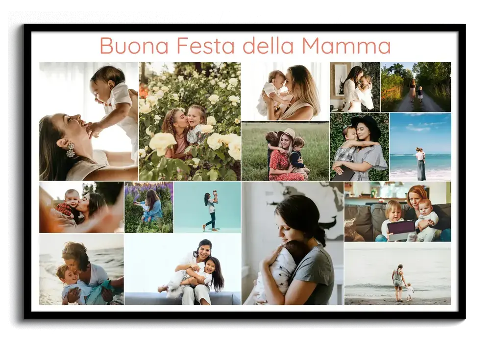 Collage di foto di mamme e bambini con cornice nera e dedica, regalo per la Festa della Mamma