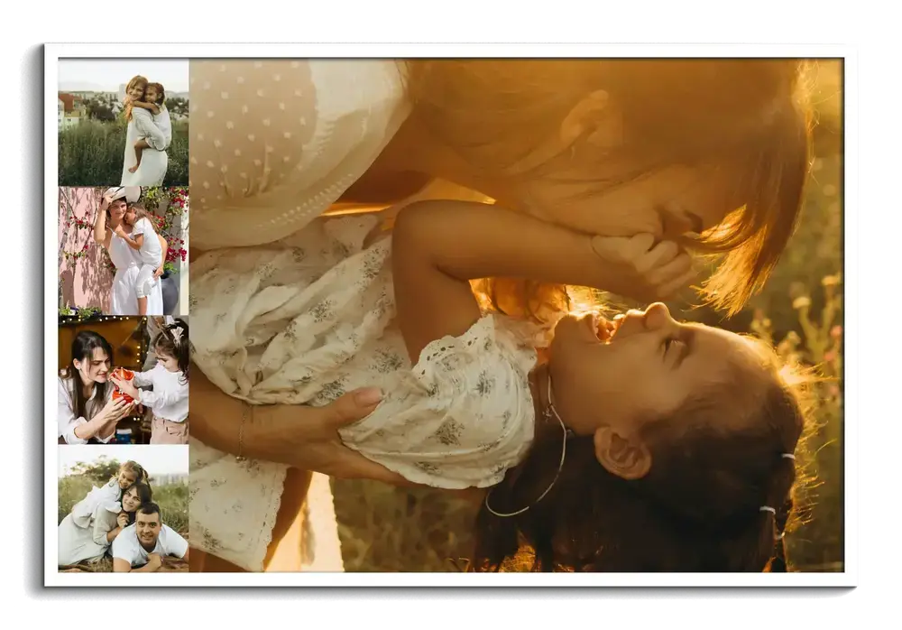 Collage di foto in cornice bianca con una grande immagine di mamma e figlia e quattro piccole foto a sinistra