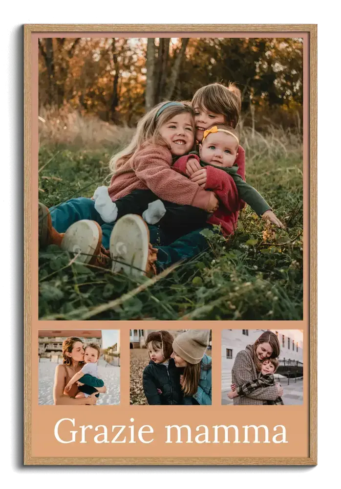 Collage di foto per la mamma in cornice di legno, con una foto grande, tre piccole e una dedica di ringraziamento