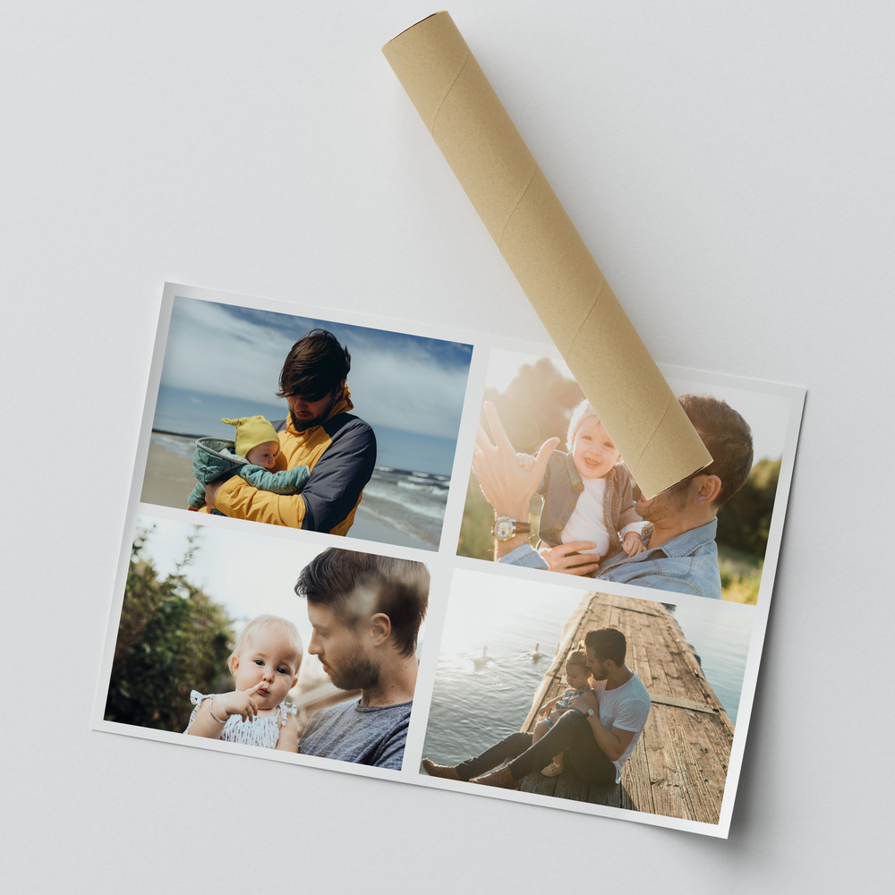 Poster collage per il papà, parzialmente arrotolato, con quattro grandi foto di padri e figli e bordi bianchi