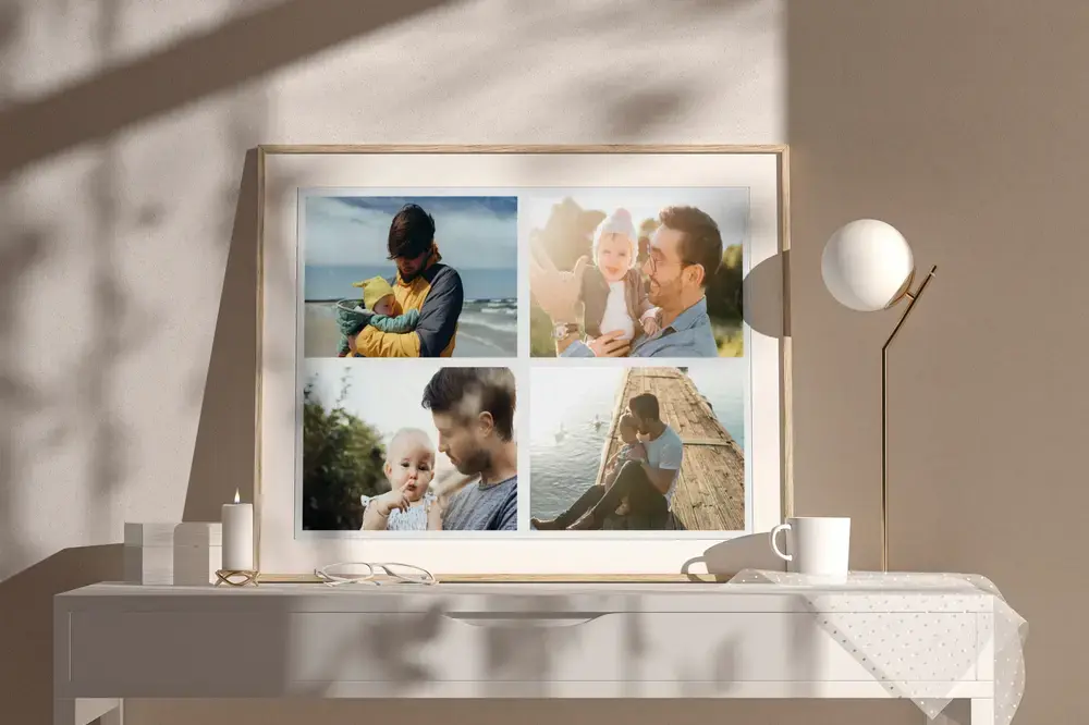 Collage di quattro foto di padri e figli, in cornice su una credenza al sole, idea regalo per la festa del papà