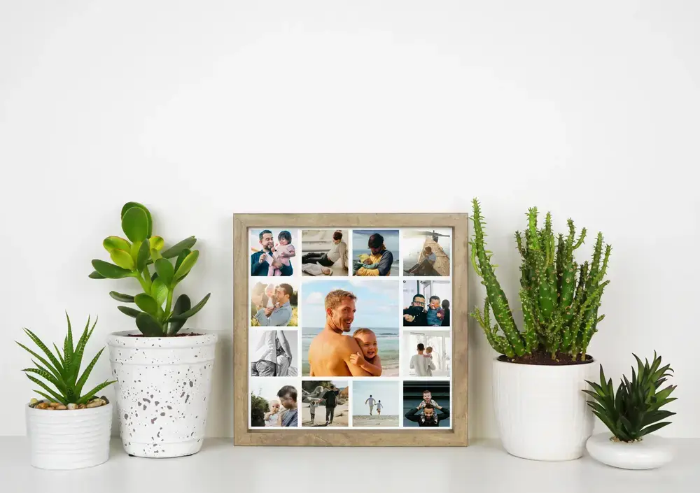 Collage fotografico in cornice tra le piante, con una grande foto centrale di papà e figlio, un regalo per il papà
