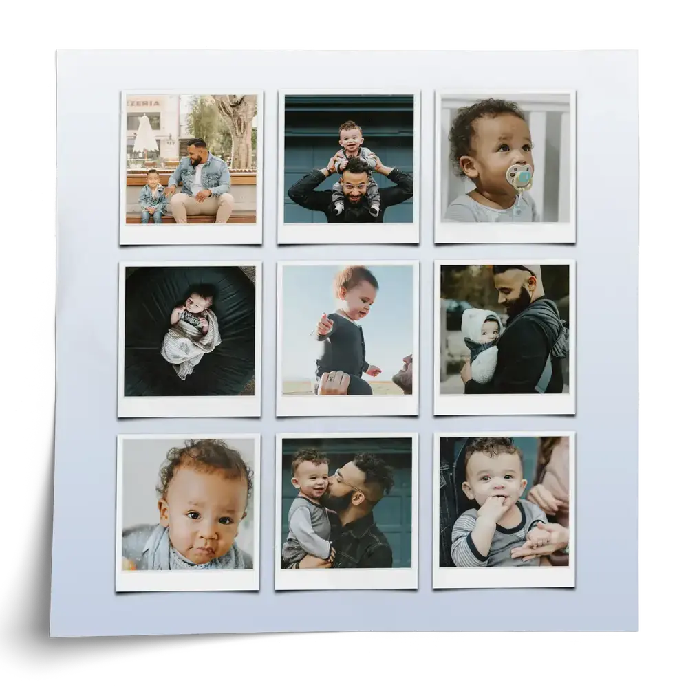 Poster collage con nove foto in stile Polaroid di papà e bambini su sfondo sfumato azzurro