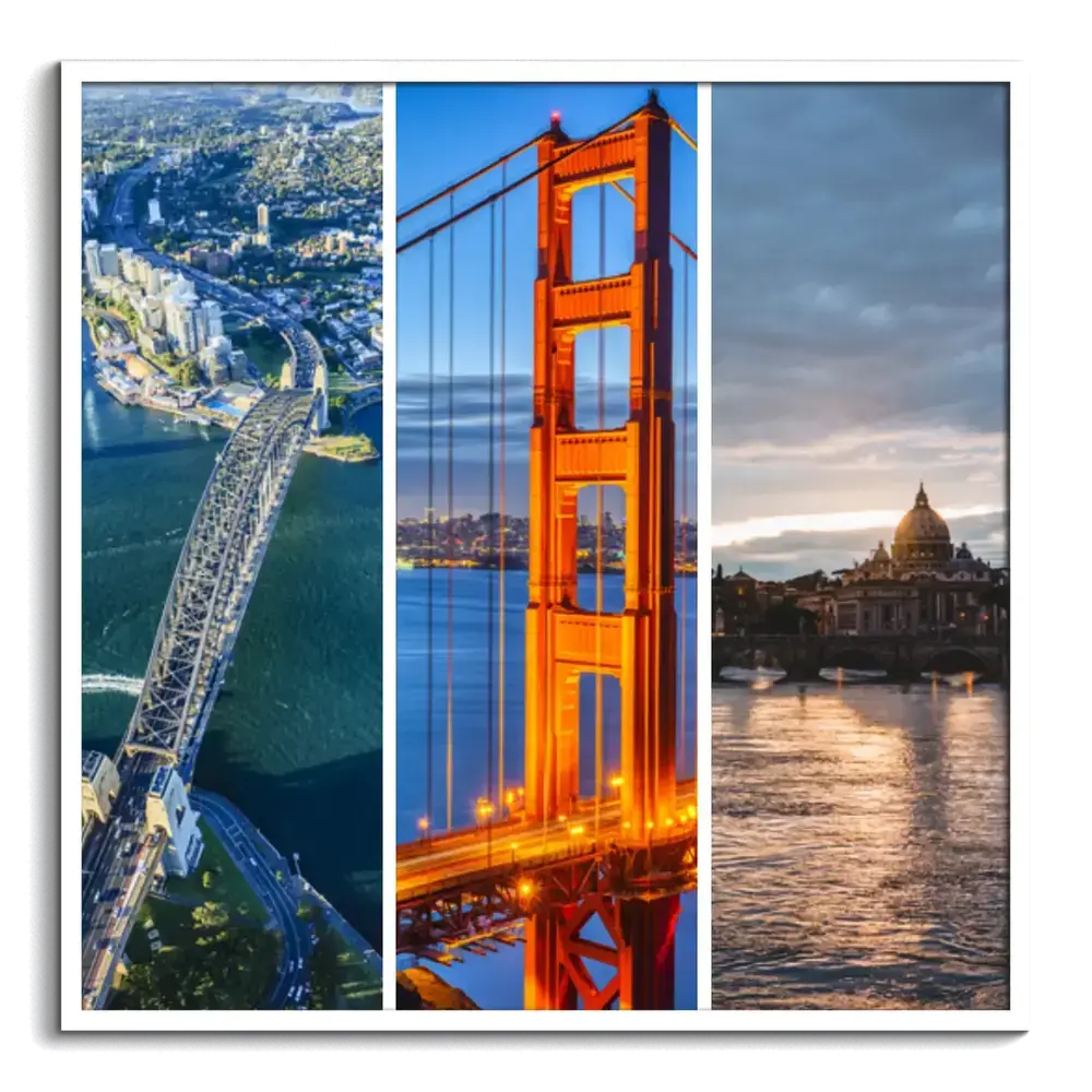 Collage di tre foto di città in fasce verticali con cornice bianca, regalo per chi ama viaggiare