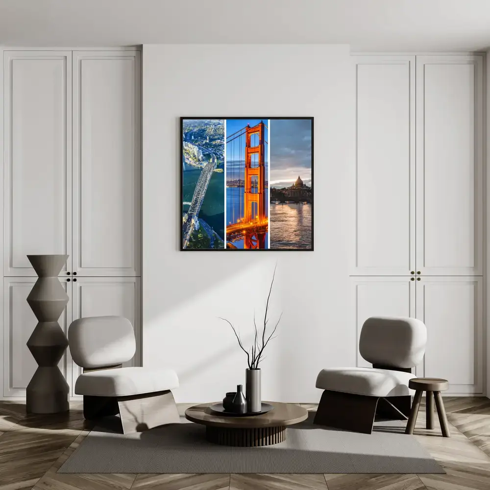 Collage di viaggio con tre vedute verticali di città e il Golden Gate sulla parete di un soggiorno luminoso