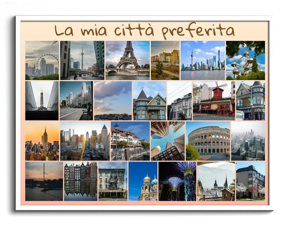 Collage di foto di città e monumenti con scritta e cornice bianca, un regalo per chi ama viaggiare