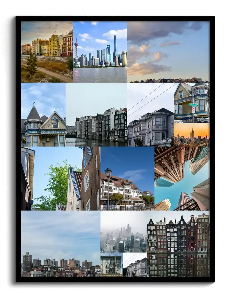 Collage di foto di viaggio con città e monumenti in riquadri di varie dimensioni, in cornice nera