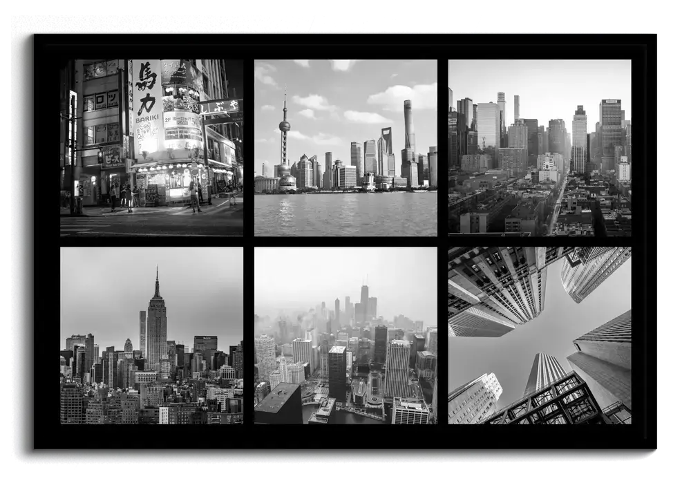 Collage di sei foto in bianco e nero di panorami urbani e grattacieli, disposte a griglia in una cornice nera