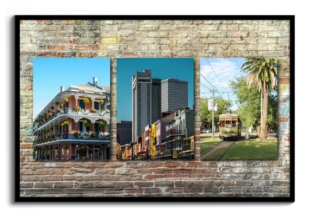 Collage orizzontale con tre foto di New Orleans su sfondo di mattoni, racchiuso in una cornice nera