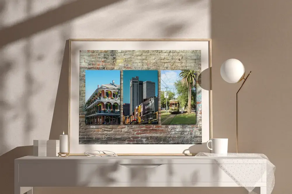 Collage di tre foto di New Orleans su fondo di mattoni, incorniciato su un comò, un ricordo di viaggio da regalare