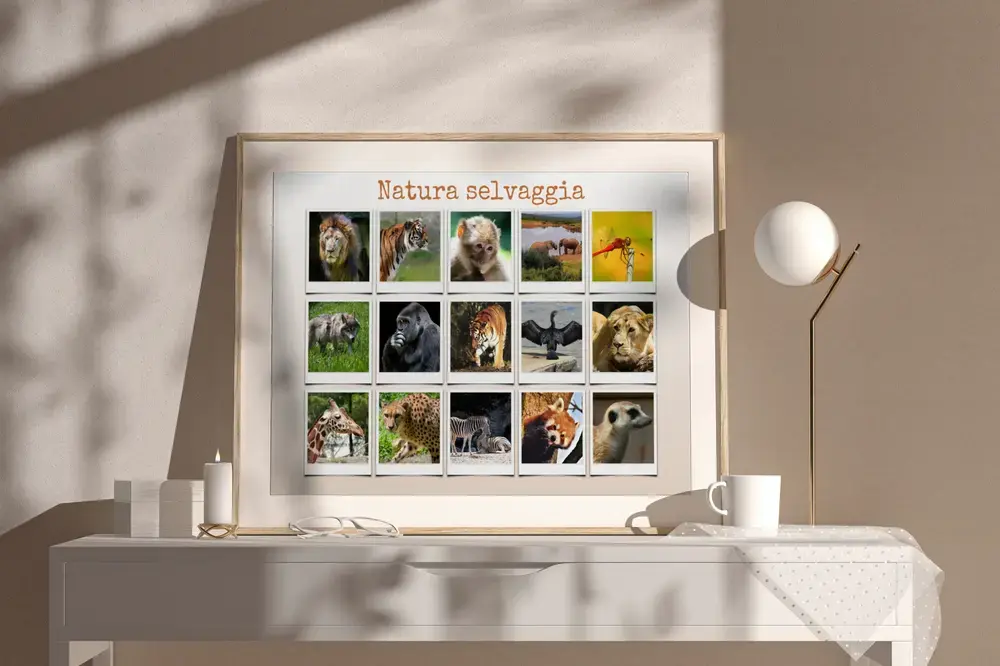 Collage di foto di animali selvatici in stile Polaroid con titolo, in cornice di legno chiaro su una credenza