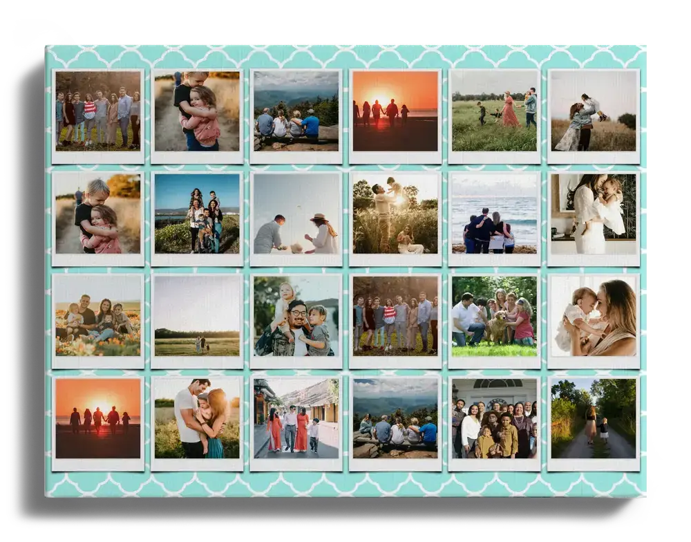 Collage di 24 foto di famiglia stile Polaroid su tela con motivo turchese, un regalo per tutta la famiglia