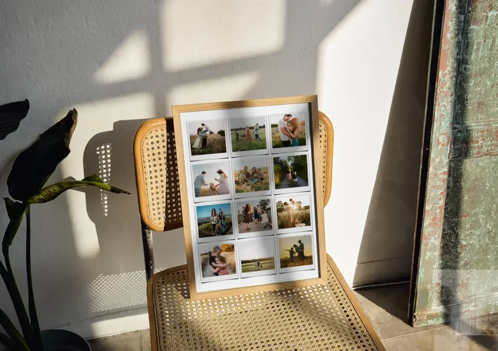 Collage di famiglia stile Polaroid in cornice di legno naturale su una sedia in paglia di Vienna, un regalo per la famiglia