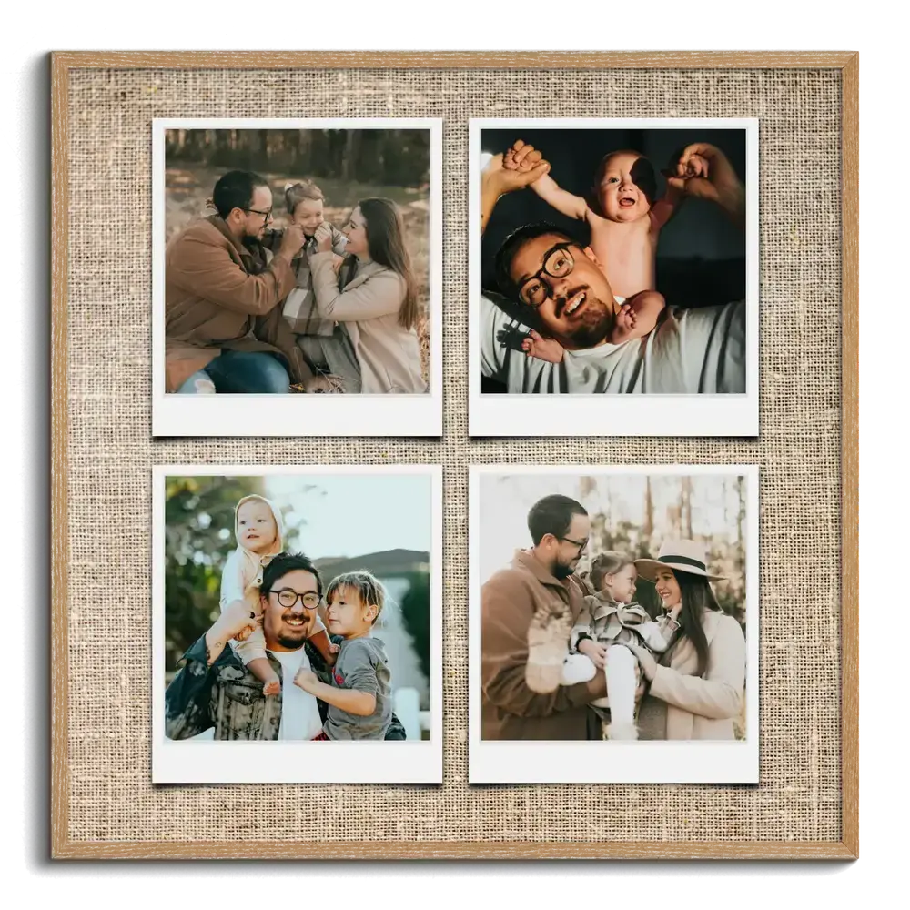 Quattro foto di famiglia stile Polaroid su fondo effetto lino in cornice di legno, un'idea regalo per la famiglia