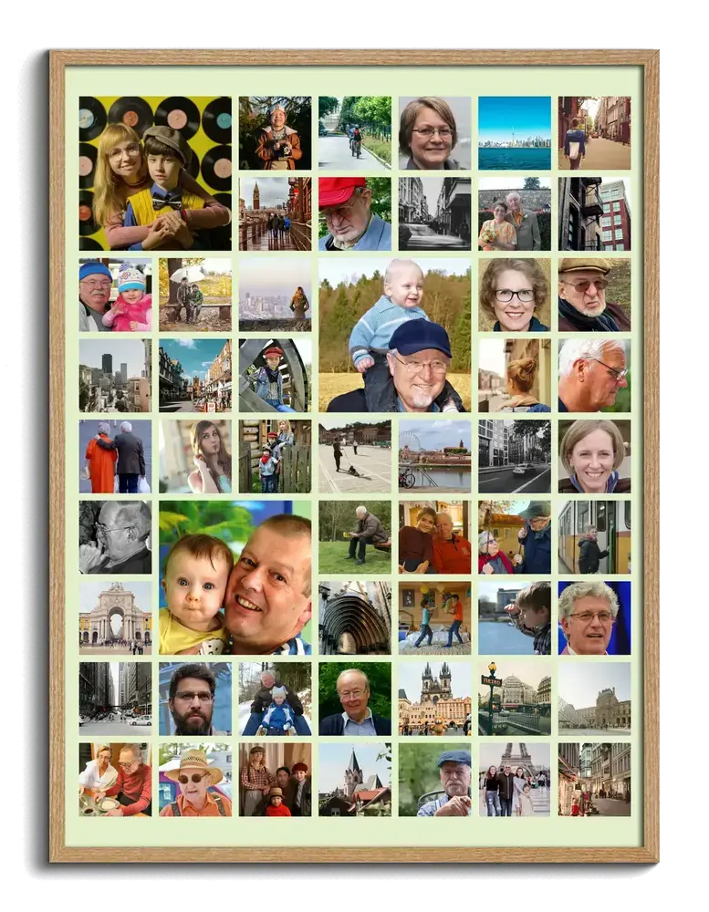 Collage di famiglia in cornice di legno naturale, con foto di varie dimensioni in griglia, da regalare ai propri cari