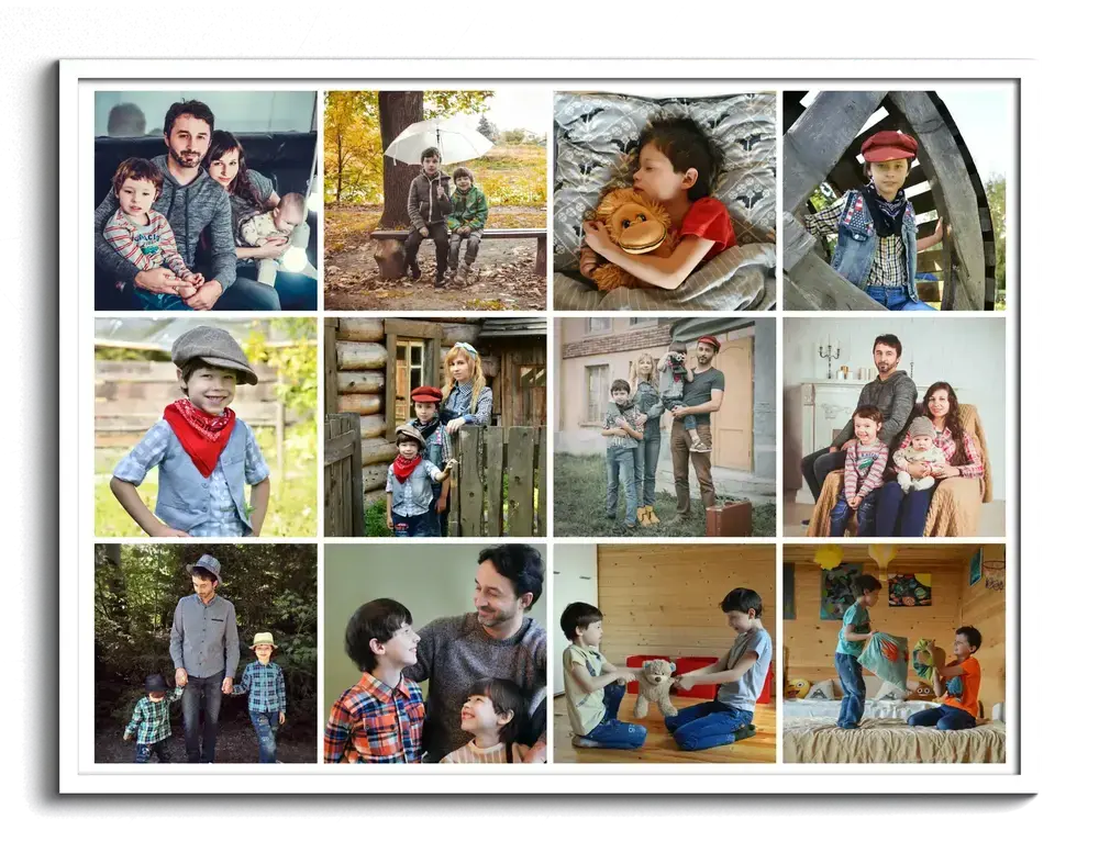 Collage di 12 foto di famiglia in una griglia con cornice bianca, un regalo personalizzato per tutta la famiglia