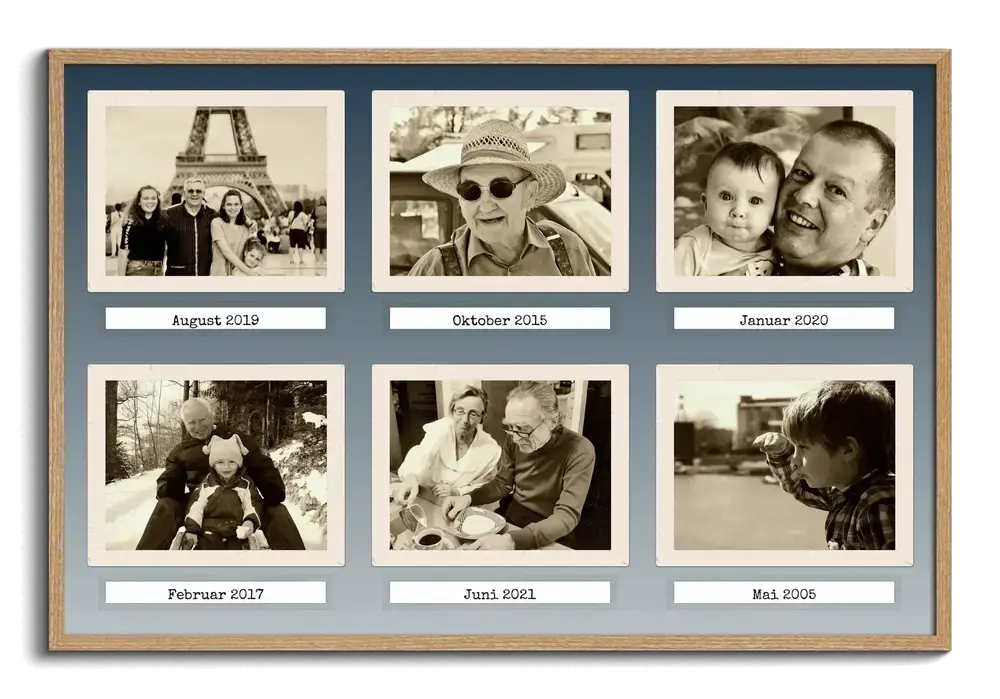 Collage rétro con 6 foto di famiglia seppia e date su fondo grigio-azzurro, in cornice di legno naturale