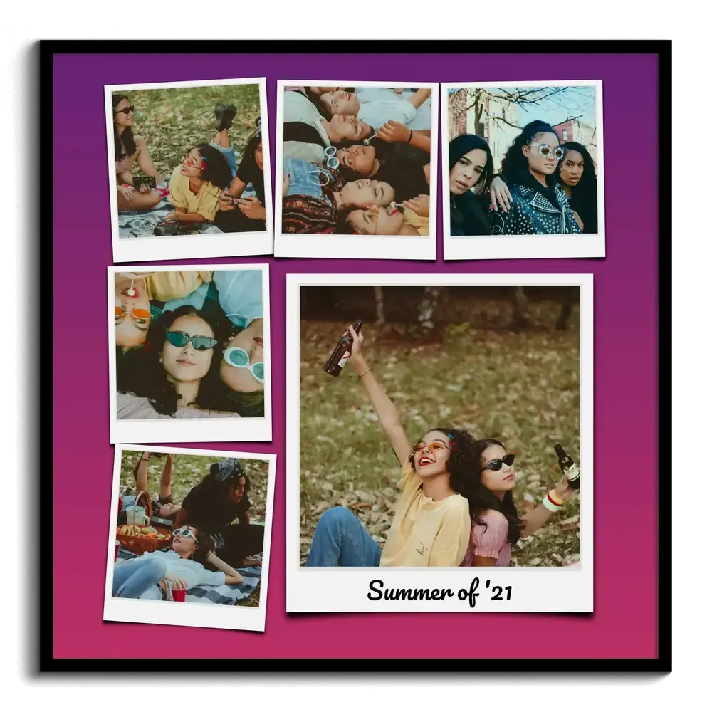 Collage di sei foto di amiche in stile Polaroid su sfondo sfumato viola e rosa, con cornice nera