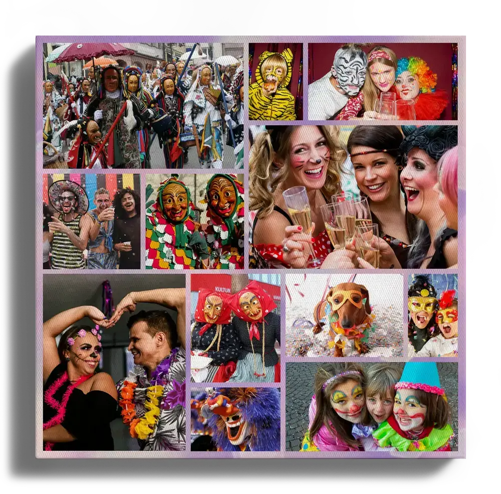 Collage di foto di Carnevale su tela verticale, con costumi, maschere e bambini con il viso dipinto
