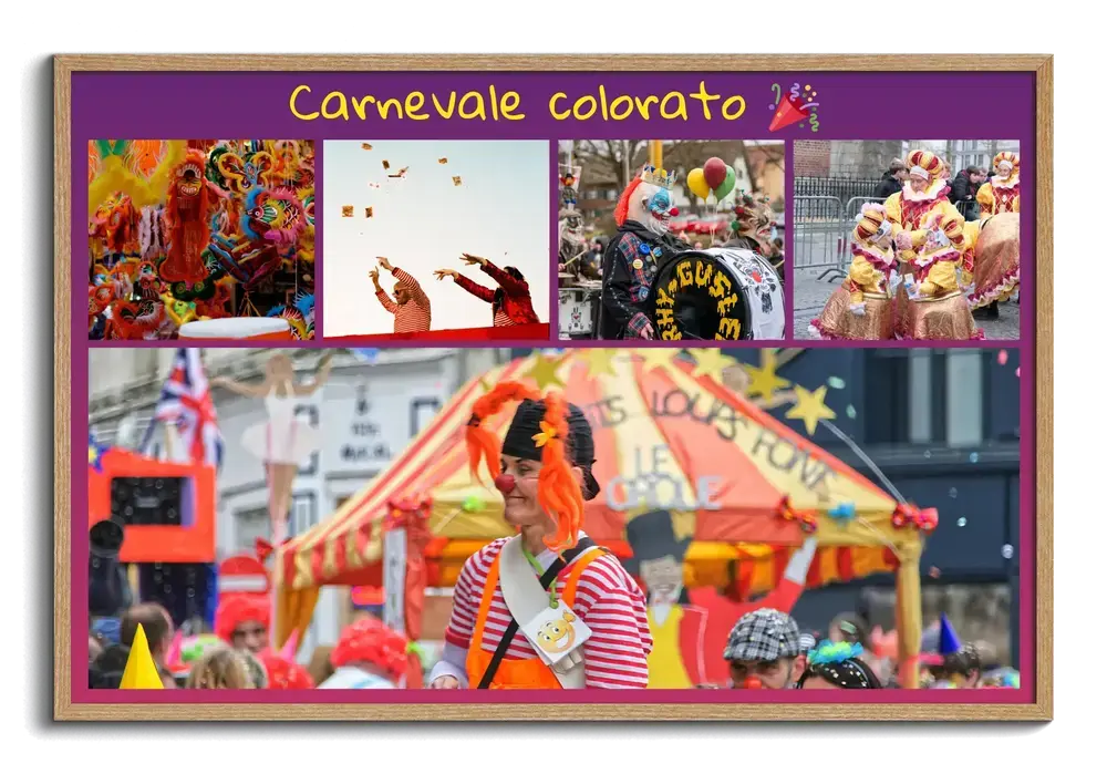Collage di Carnevale in cornice di legno con foto della sfilata e testo su fondo viola, un regalo per la famiglia