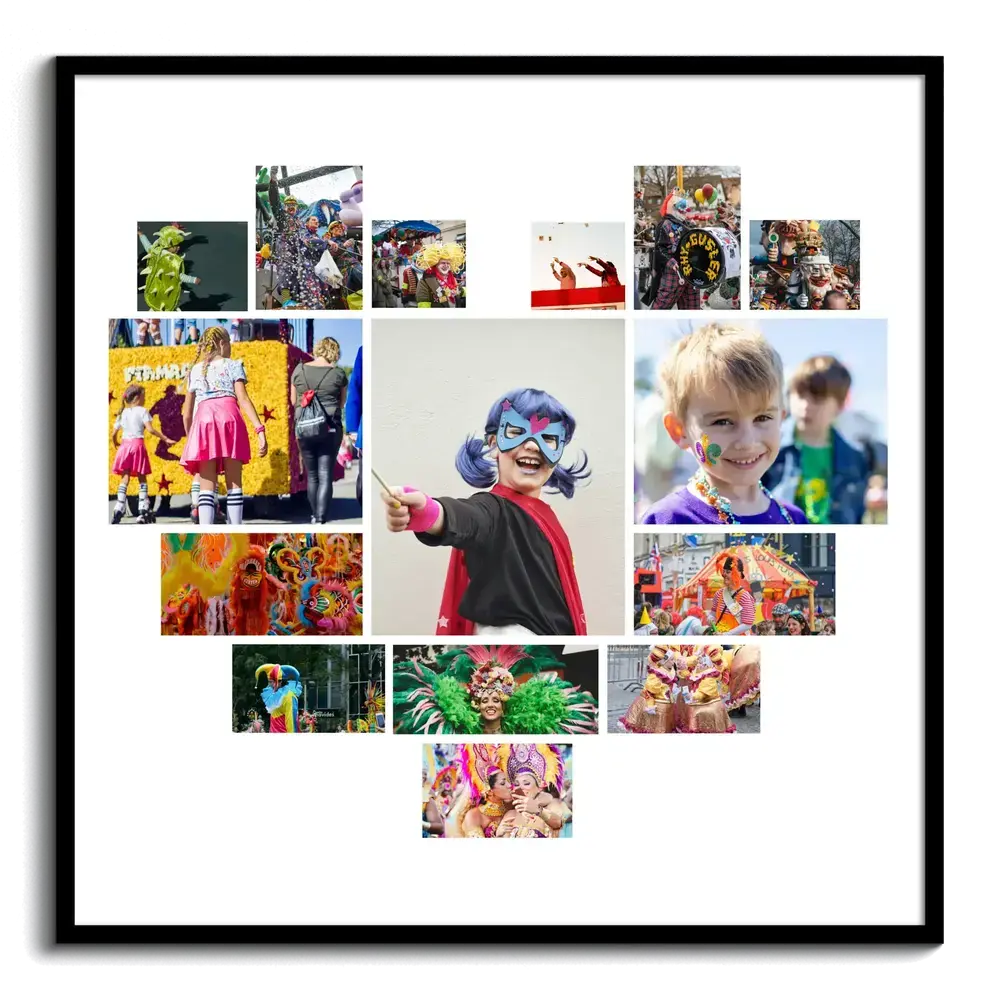 Collage di foto di Carnevale a cuore con costumi e bambini truccati, su fondo bianco in cornice nera