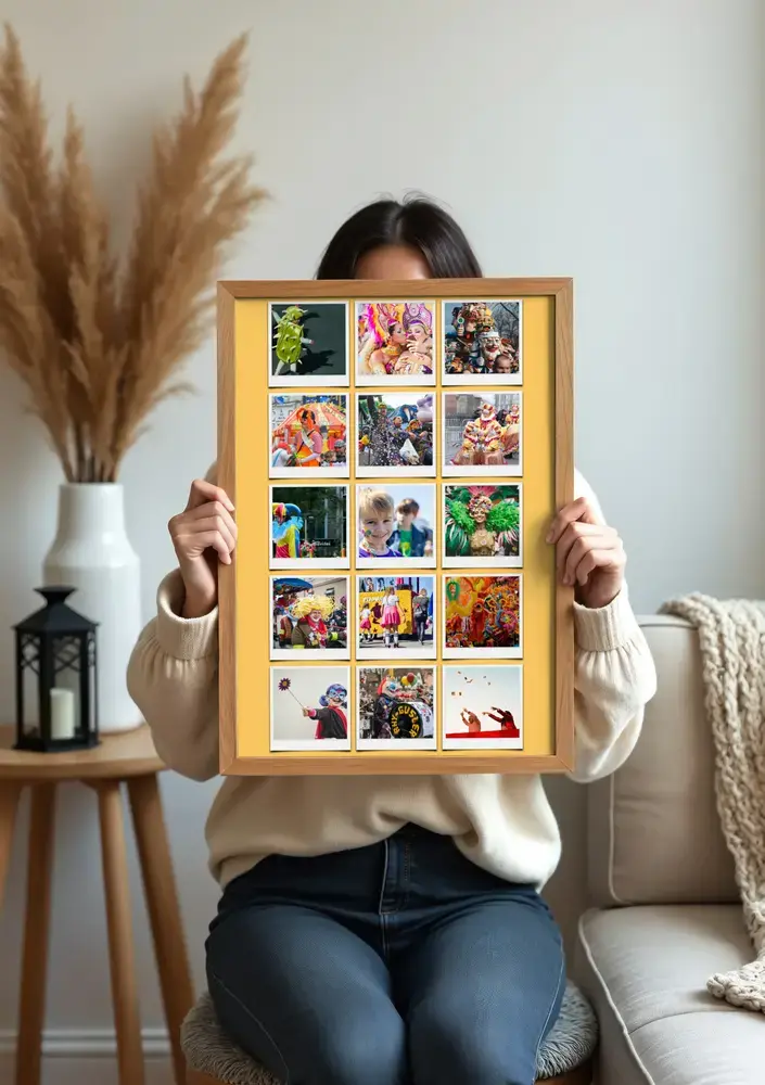Collage di foto di Carnevale su fondo giallo, con cornice in legno in salotto, un regalo per chi ama il Carnevale