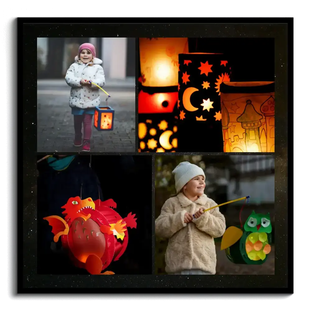 Collage di quattro foto con bambini e lanterne colorate su sfondo scuro, in cornice nera
