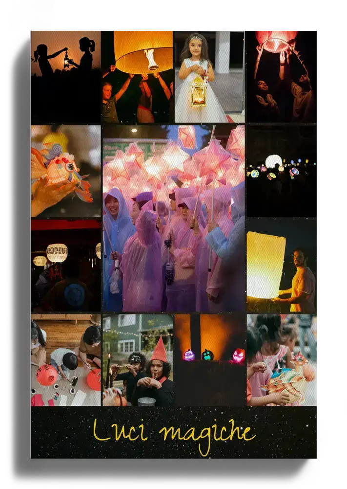 Collage di foto su tela in formato verticale, con cortei di lanterne, grande foto centrale e scritta gialla