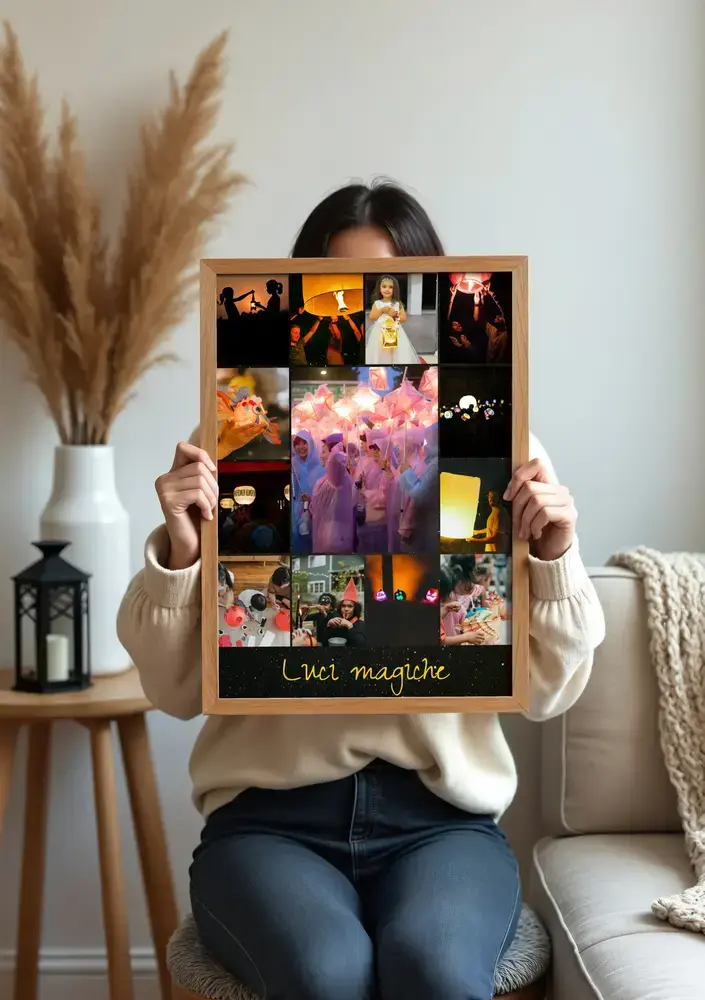 Collage fotografico verticale con lanterne e testo personalizzato, in cornice di legno nel soggiorno