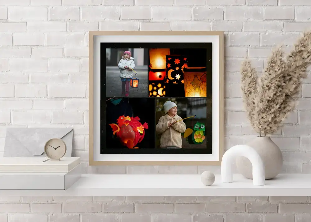 Collage incorniciato con quattro foto di lanterne sopra una credenza bianca, un regalo ricordo per i nonni