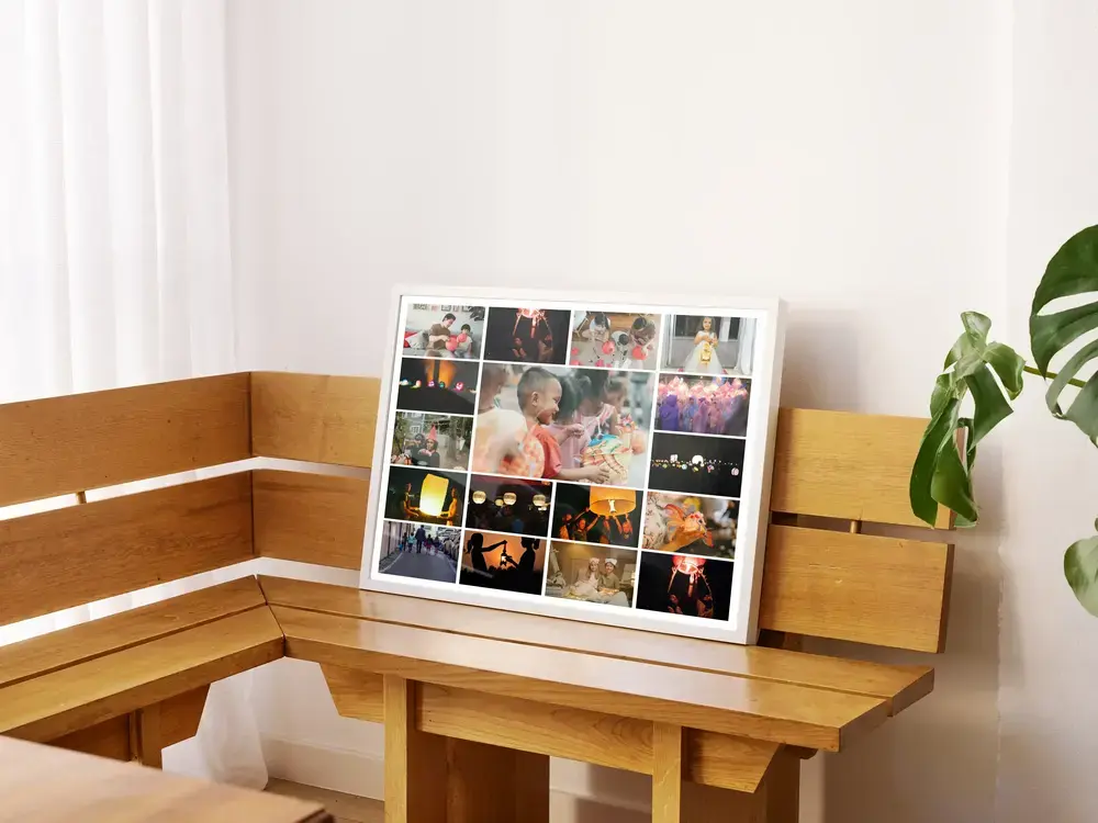 Collage fotografico della sfilata di lanterne in cornice bianca su una panca di legno, un regalo per la famiglia