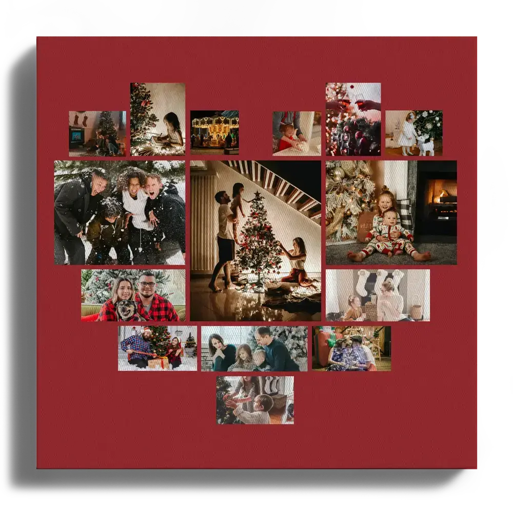 Collage natalizio su tela con foto di famiglia e bambini disposte a cuore su fondo rosso scuro