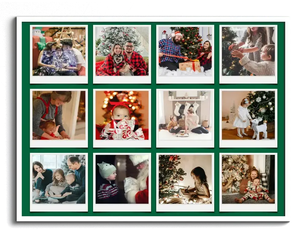 Collage natalizio con dodici foto di famiglia in stile Polaroid su fondo verde scuro, in cornice bianca