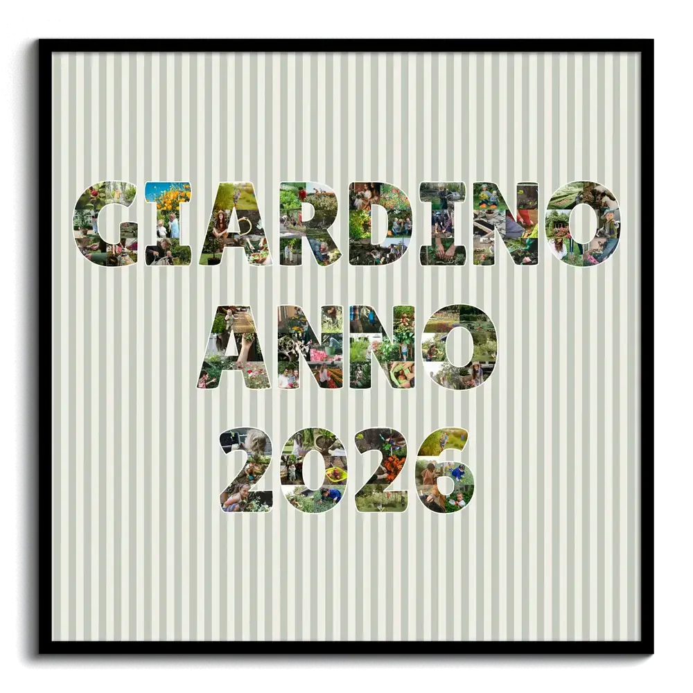 Collage di foto del giardino in lettere e numeri dell’anno, su fondo a righe con cornice nera