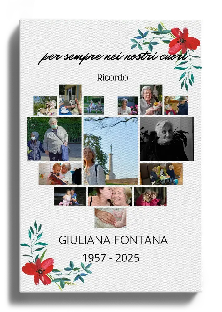 Collage commemorativo su tela con foto a forma di cuore, fiori rossi, nome e date su sfondo bianco