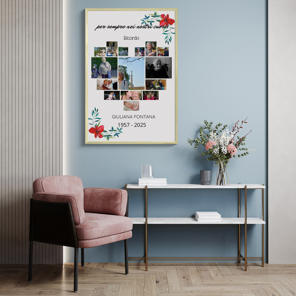 Collage di foto in ricordo di una persona cara, con cuore e fiori, incorniciato sulla parete azzurra del soggiorno